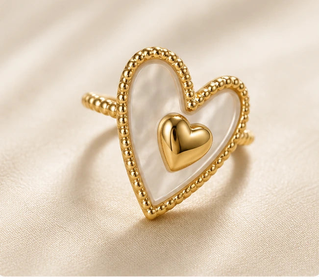 Bague cœur nacré dorée en acier inoxydable ajustable pour femme