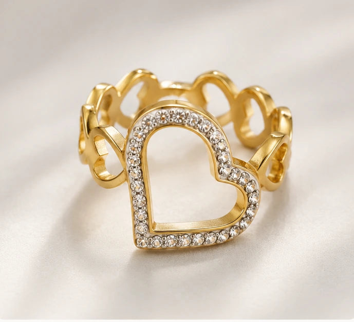 Bague cœur dorée ajustable en acier inoxydable avec strass scintillants pour femme