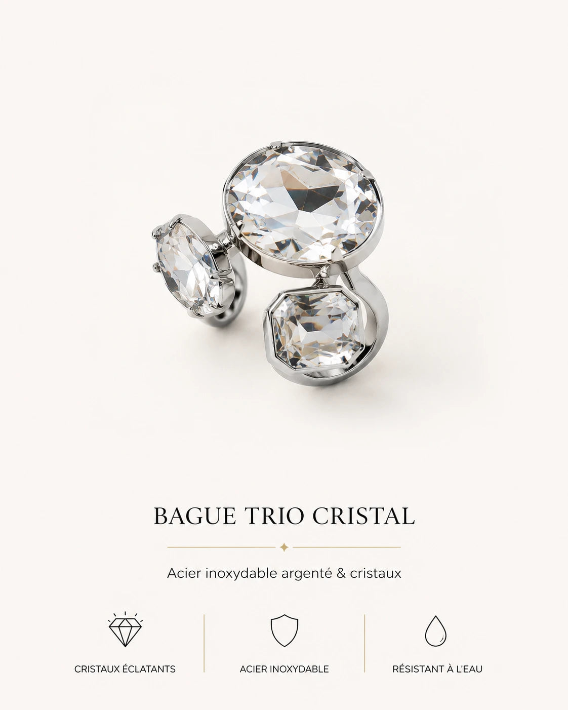 Découvrez la bague Trio Cristal en acier inoxydable argenté avec cristaux éclatants. Élégante, résistante à l’eau et lumineuse.