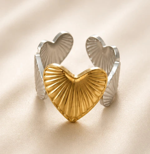 Bague trio cœurs en acier inoxydable doré et argenté ajustable pour femme