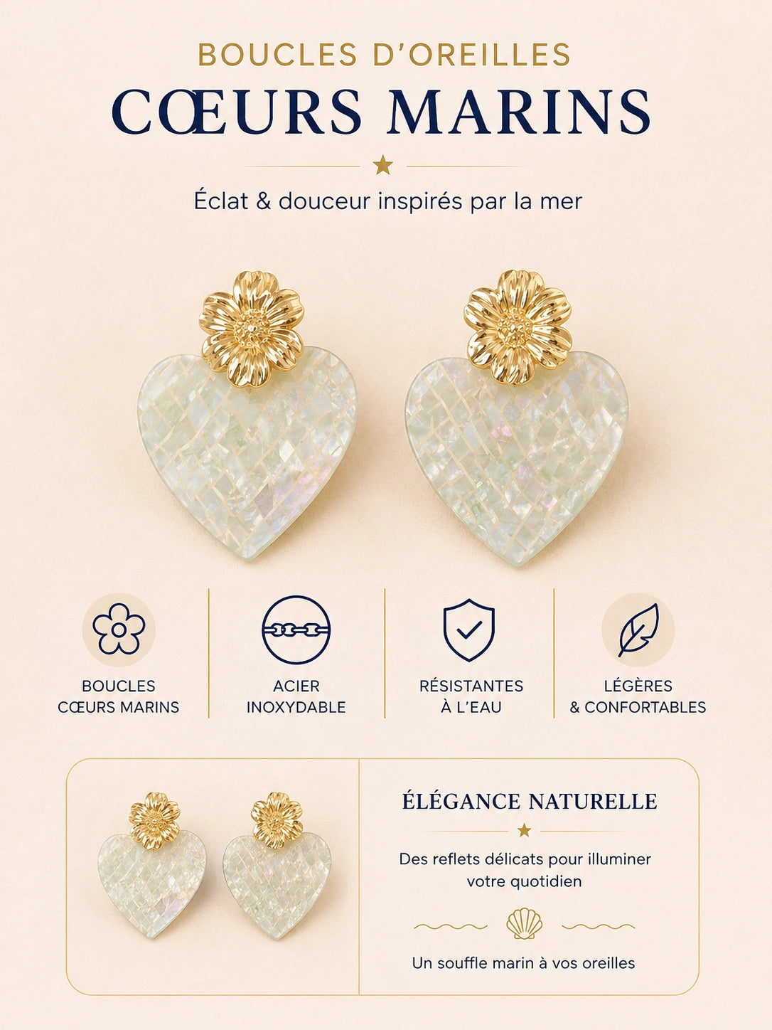 Boucles d’oreilles cœur nacré et fleur dorée femme acier inoxydable ✨