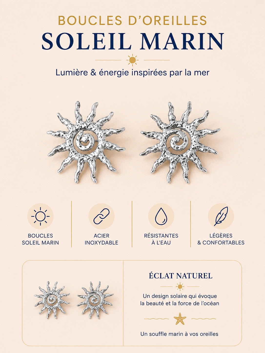 Boucles d’oreilles Soleil Marin argentées acier inoxydable femme ✨
