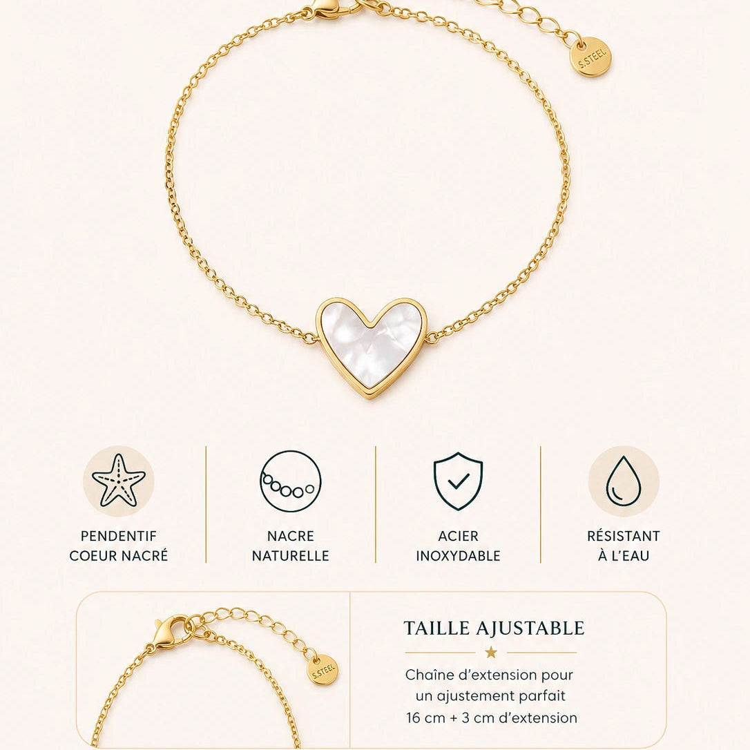Bracelet Cœur en acier inoxydable doré avec pendentif cœur nacré et chaîne ajustable