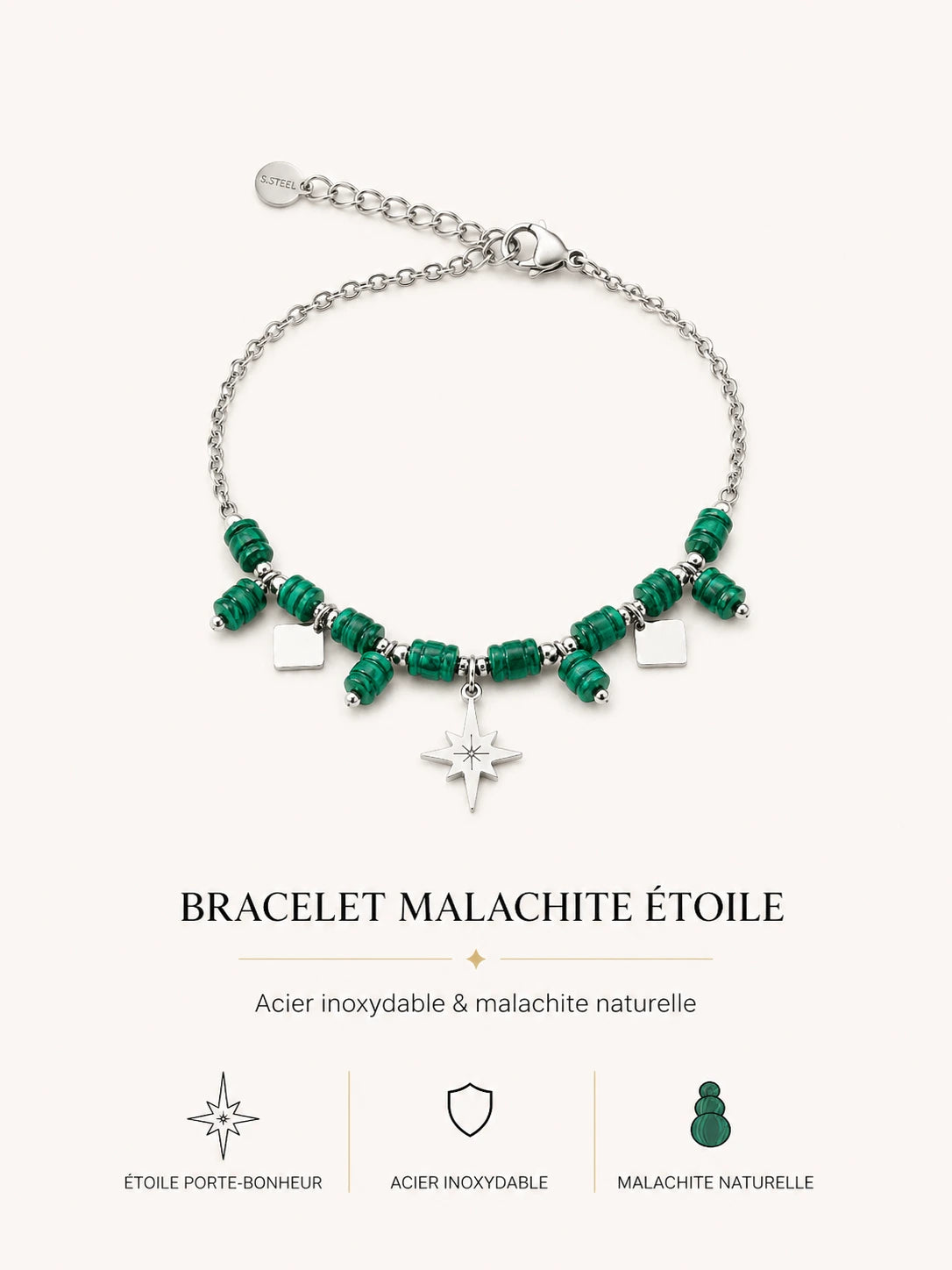 Bracelet Malachite Étoile en acier inoxydable argenté avec malachite naturelle et étoile porte-bonheur