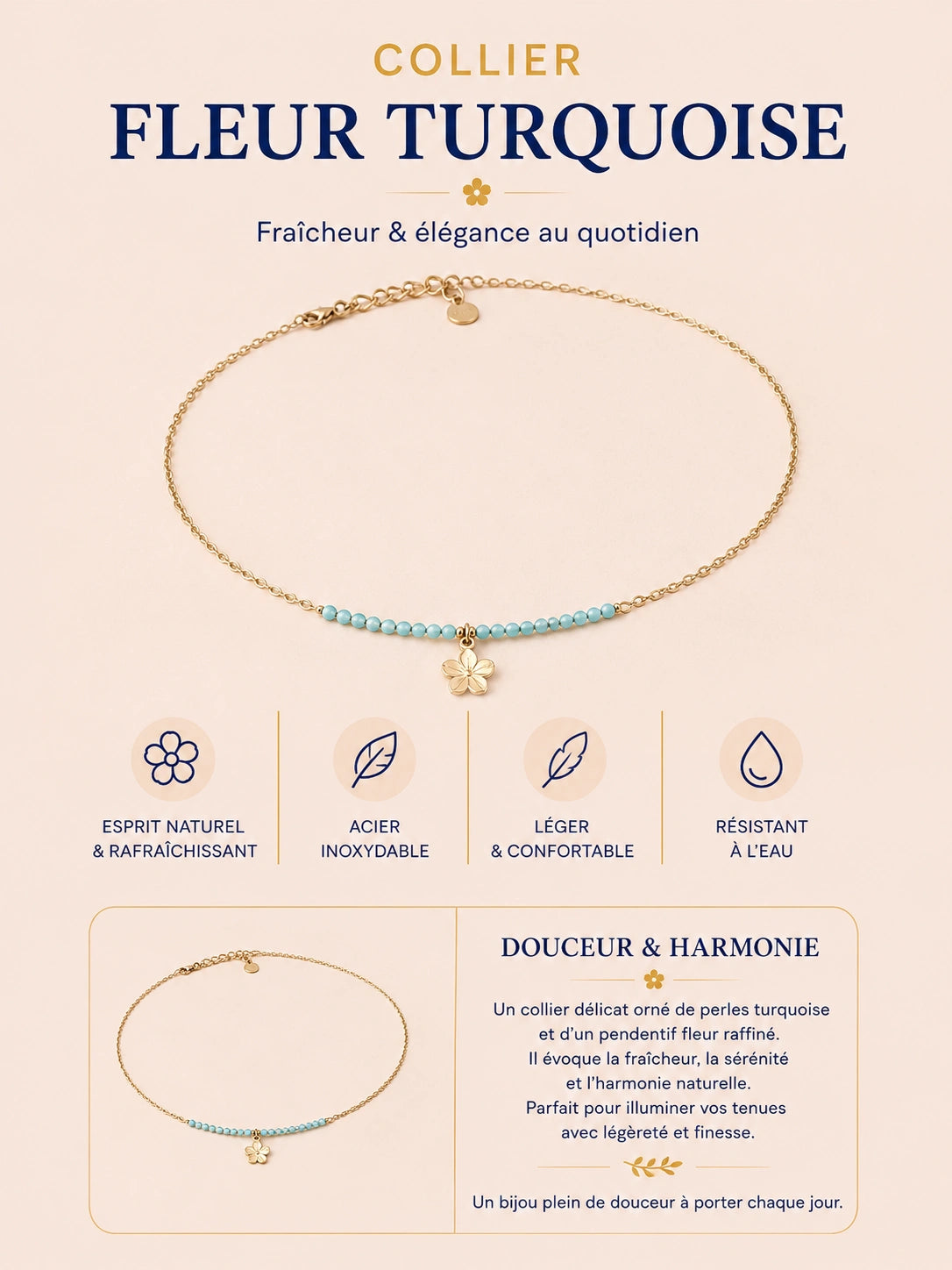 Collier fleur – Acier inoxydable doré & perles bleu intense