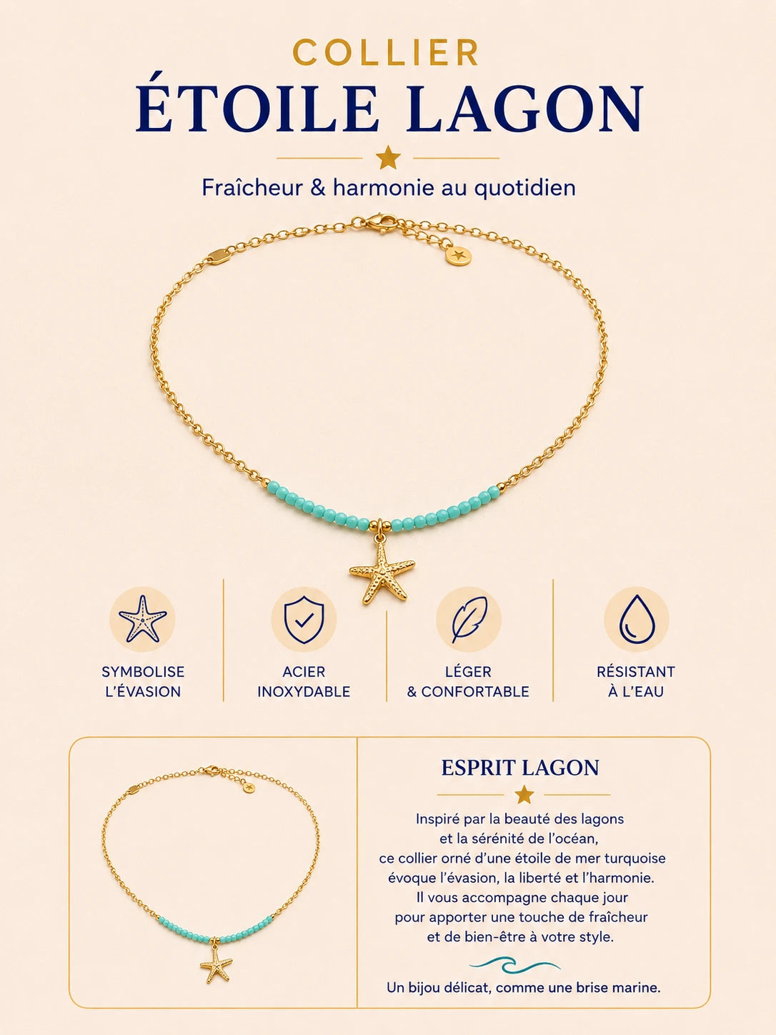 Collier Étoile Lagon doré avec perles turquoise et pendentif étoile de mer