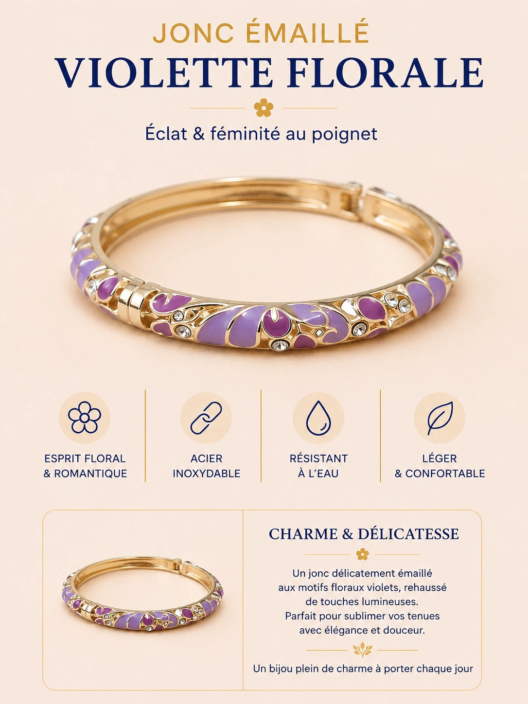 Jonc émaillé Fleur de Charme en acier inoxydable doré avec motif floral délicat