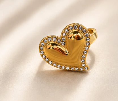 Bague cœur dorée avec strass scintillants en acier inoxydable ajustable pour femme