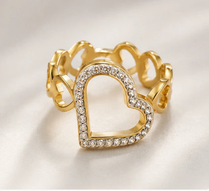 Bague cœur dorée ajustable en acier inoxydable avec strass scintillants pour femme