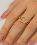 Bague cœur dorée ajustable en acier inoxydable avec strass scintillants pour femme
