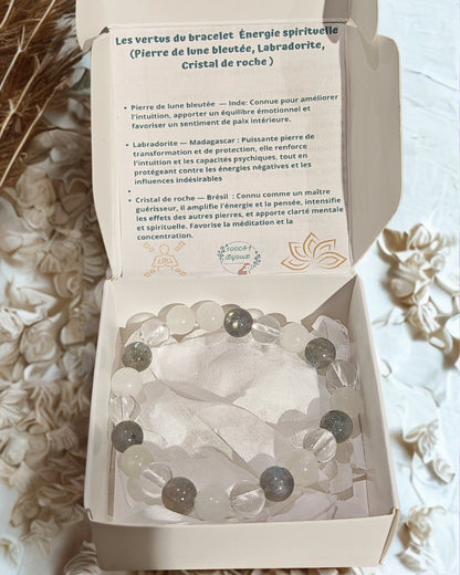 Bracelet énergie spirituelle en pierres naturelles : Pierre de Lune, Labradorite, Cristal de Roche. Développe l’intuition, protège et apporte clarté.