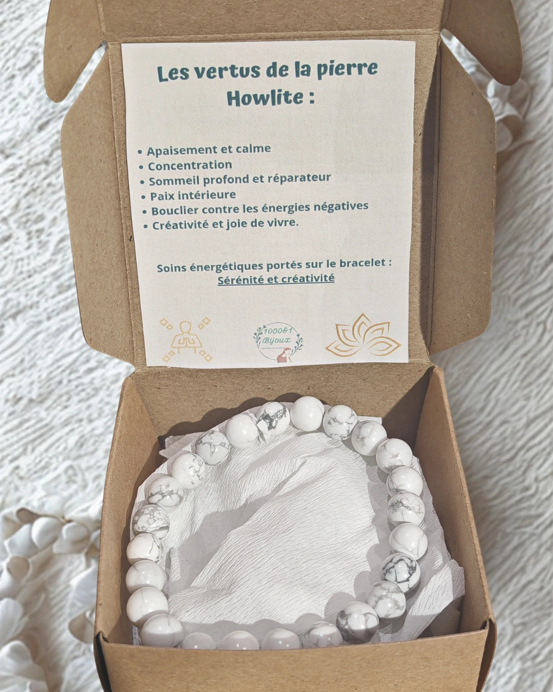 Bracelet en Howlite naturelle personnalisable – pierre apaisante pour réduire le stress et retrouver la sérénité.