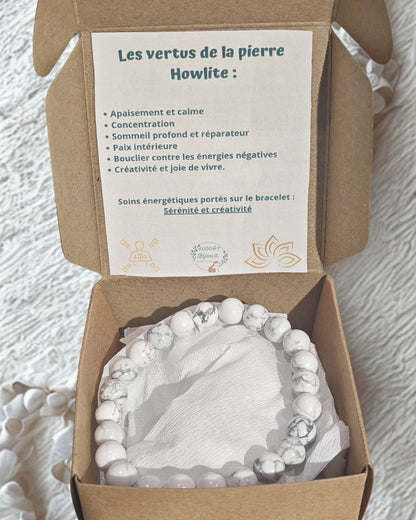 Bracelet en Howlite naturelle personnalisable – pierre apaisante pour réduire le stress et retrouver la sérénité.
