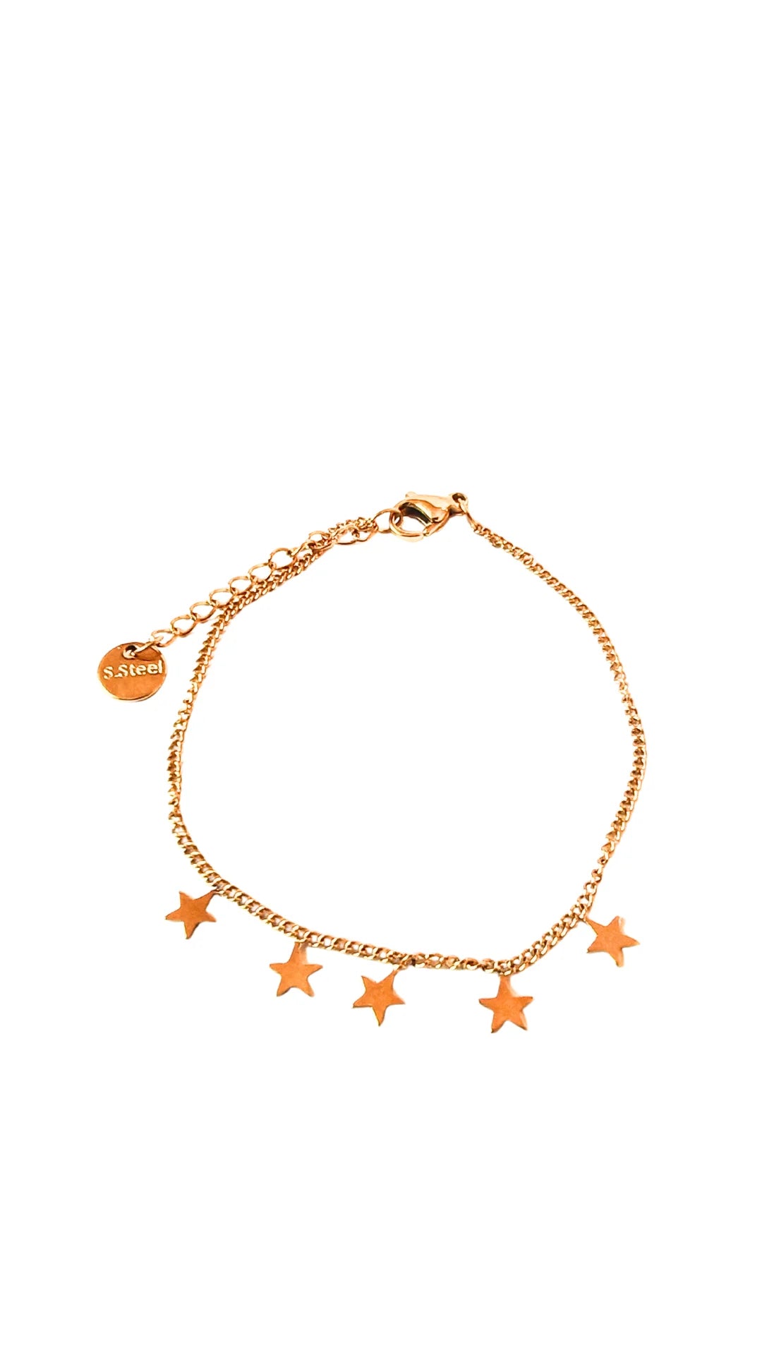 Bracelet délicat en acier inoxydable doré avec pampilles étoiles. Résistant, élégant et intemporel, parfait pour sublimer vos looks au quotidien.