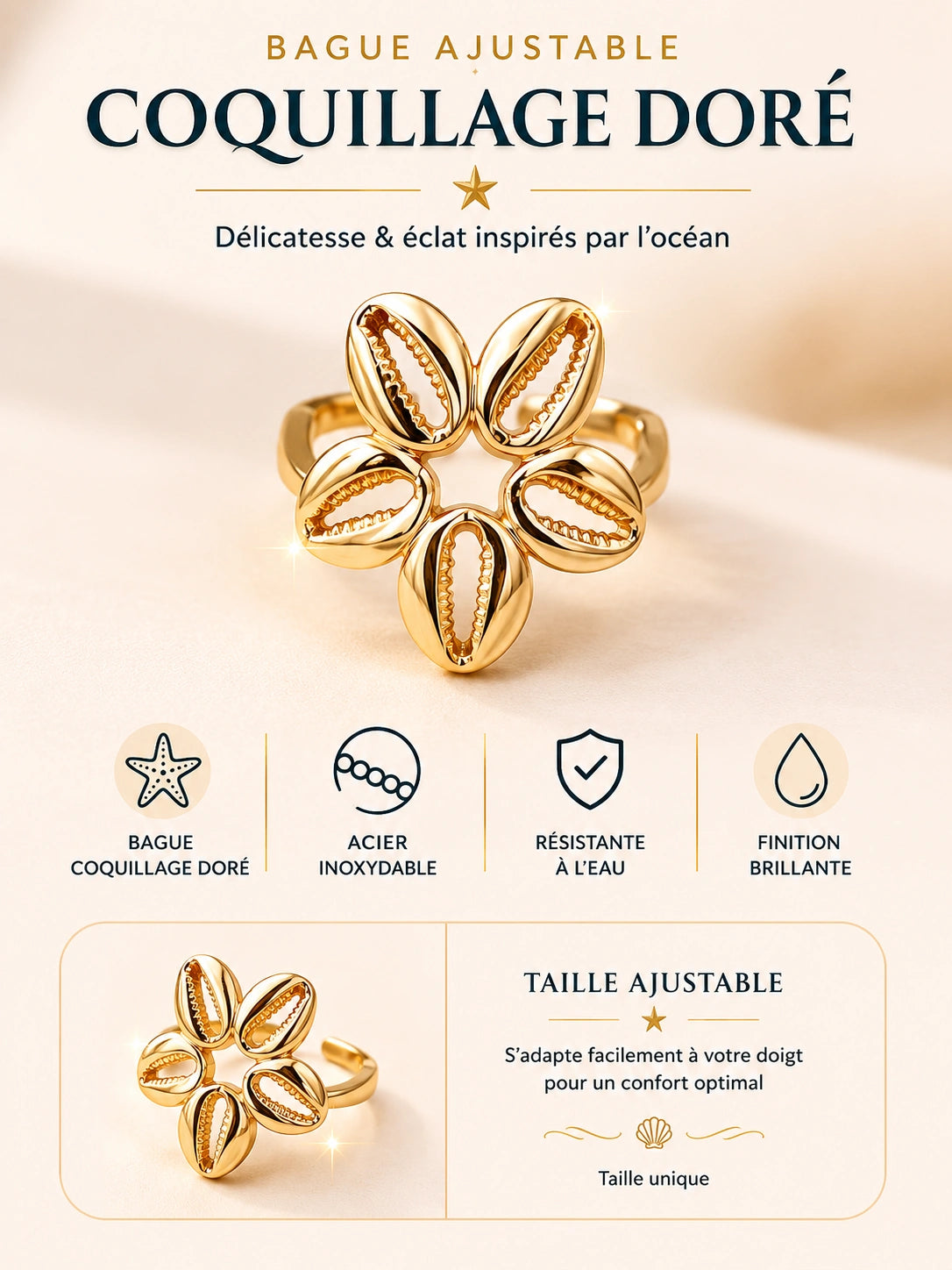 Bague Coquillage Doré en acier inoxydable – Ajustable femme