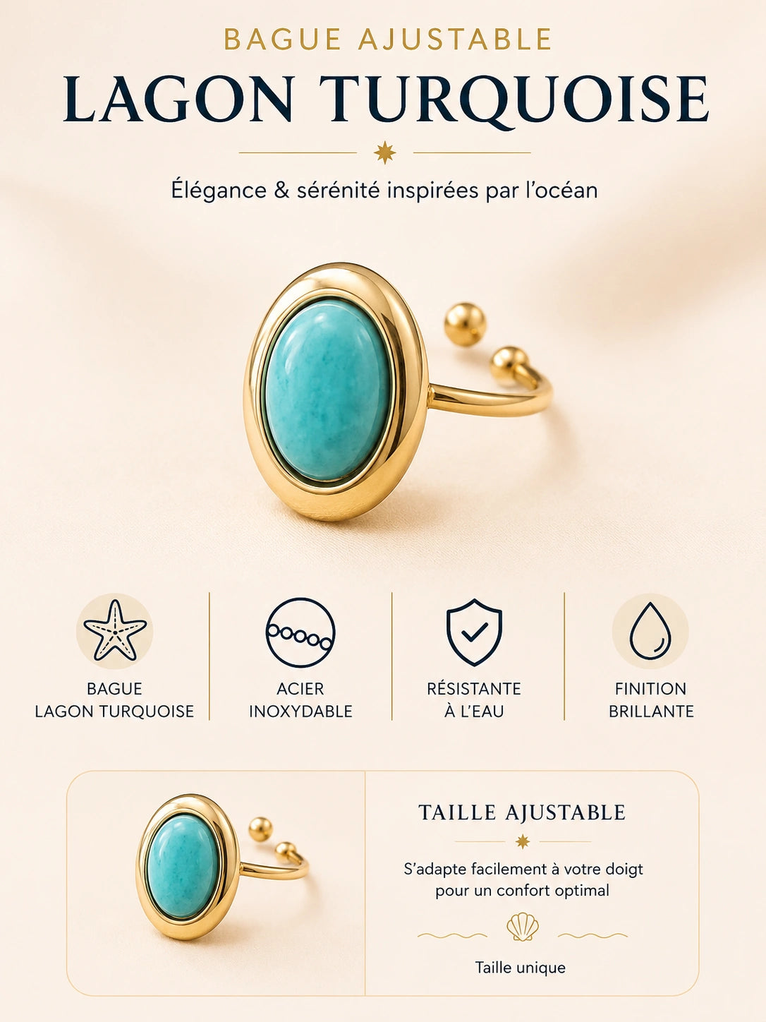 Bague Lagon Turquoise en acier inoxydable doré avec pierre turquoise ovale ajustable