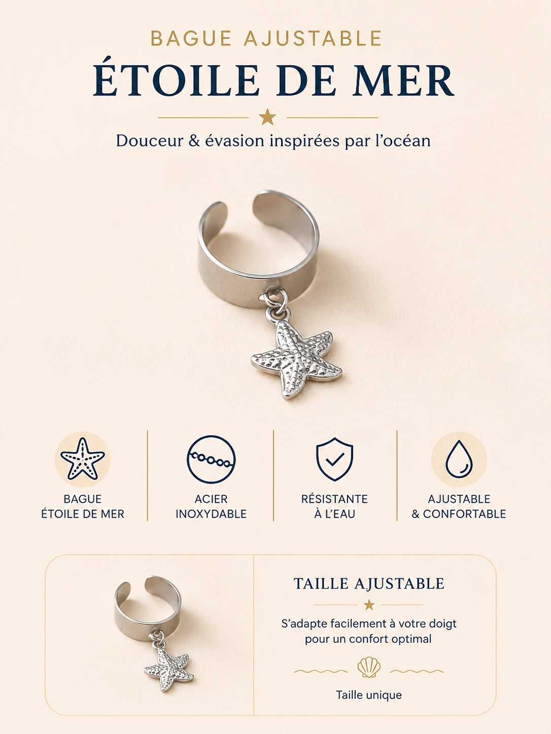 Bague Étoile de Mer argentée en acier inoxydable ajustable avec pendentif étoile marine