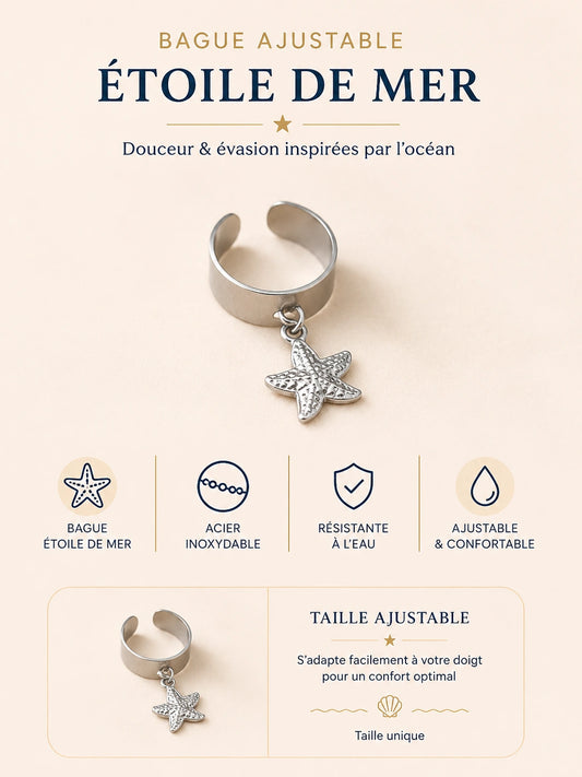 Bague Étoile de Mer argentée en acier inoxydable ajustable avec pendentif étoile marine
