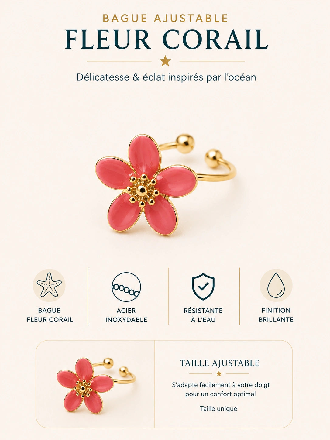 Bague Fleur Corail en acier inoxydable doré avec fleur corail ajustable et finition brillante