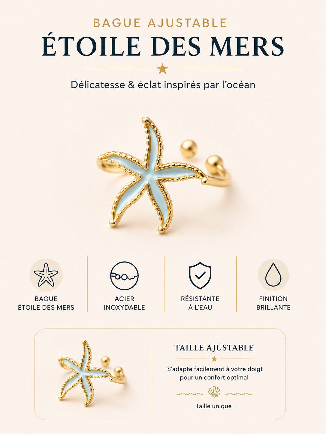 Découvrez la bague Étoile des Mers en acier inoxydable doré : étoile de mer bleu océan, ajustable et résistante à l’eau.