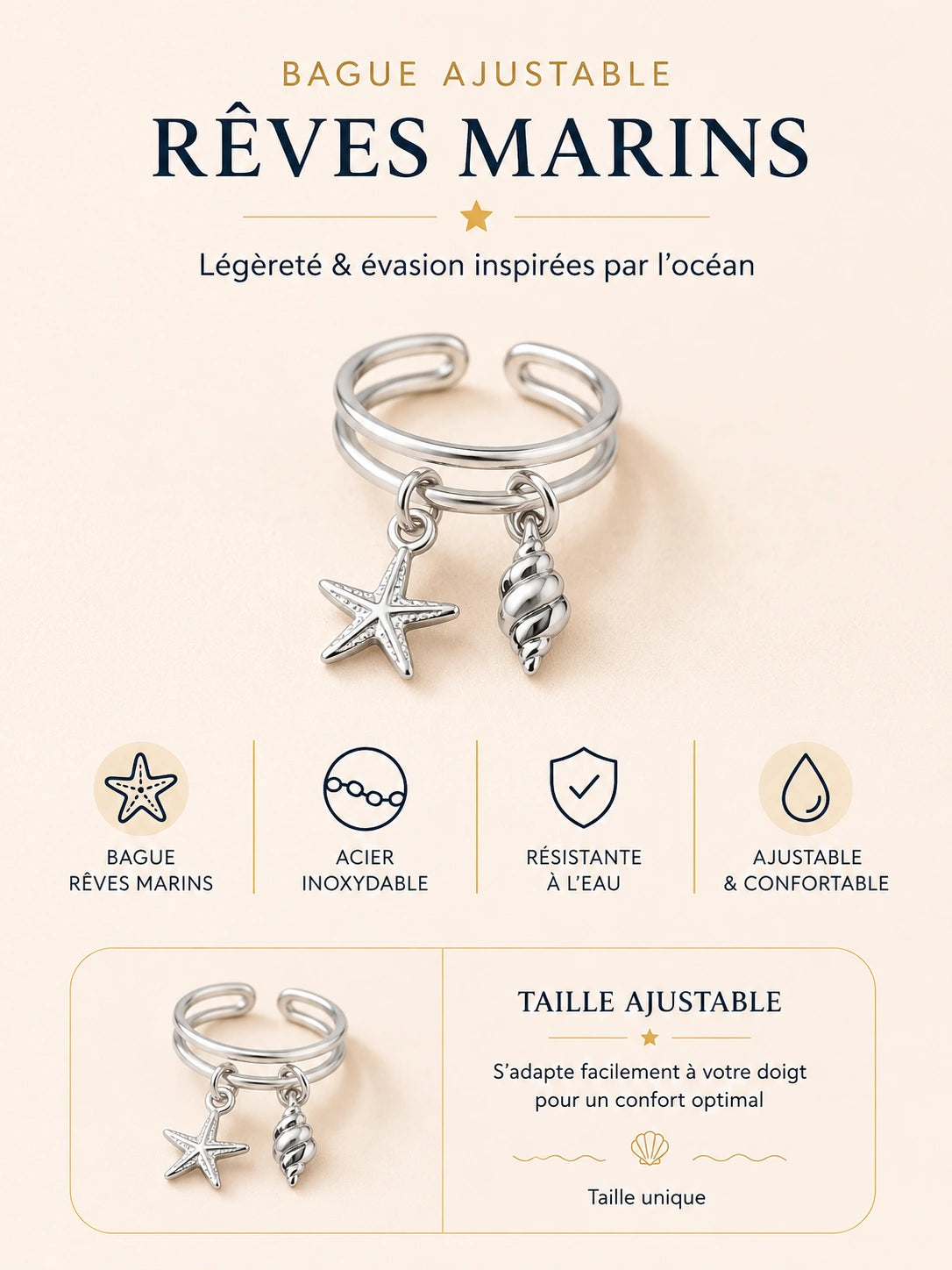 Bague Rêves Marins en acier inoxydable argenté avec étoile de mer et coquillage ajustable