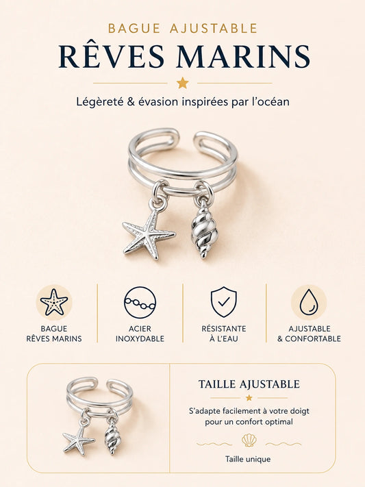 Bague Rêves Marins en acier inoxydable argenté avec étoile de mer et coquillage ajustable