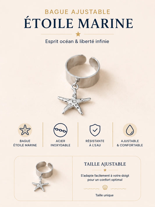 Bague Étoile Marine en acier inoxydable argenté ajustable avec étoile marine suspendue