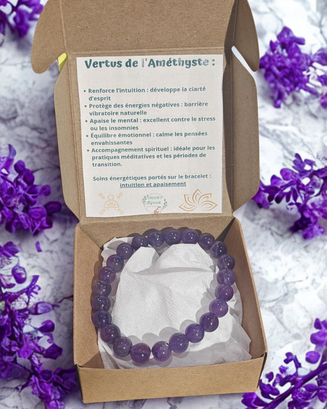 Bracelet en améthyste naturelle – bijou énergétique apaisant pour la sérénité, la protection et la paix intérieure.