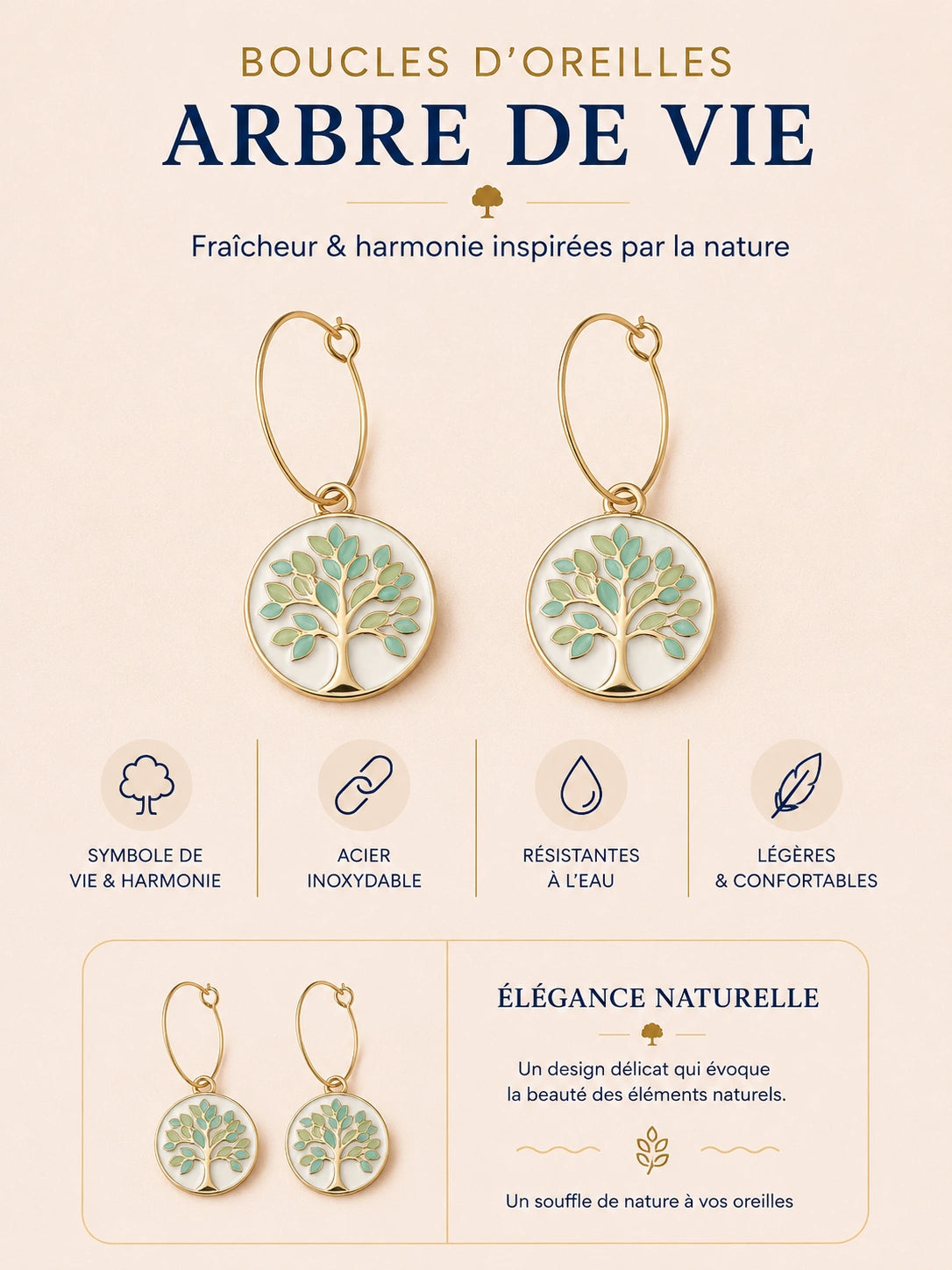 Boucles d’oreilles arbre de vie dorées acier inoxydable femme