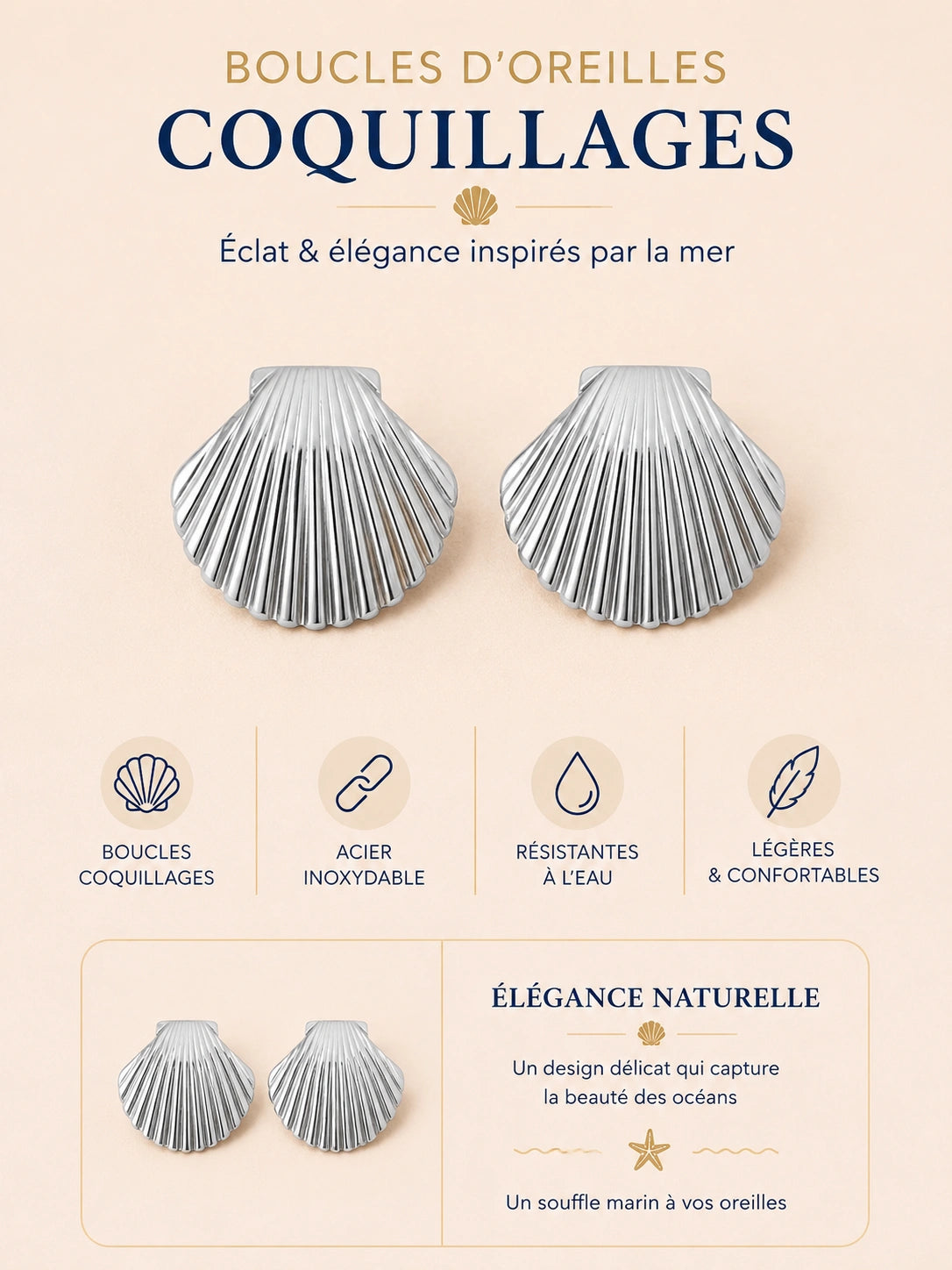 Boucles d’oreilles coquillage argentées acier inoxydable femme