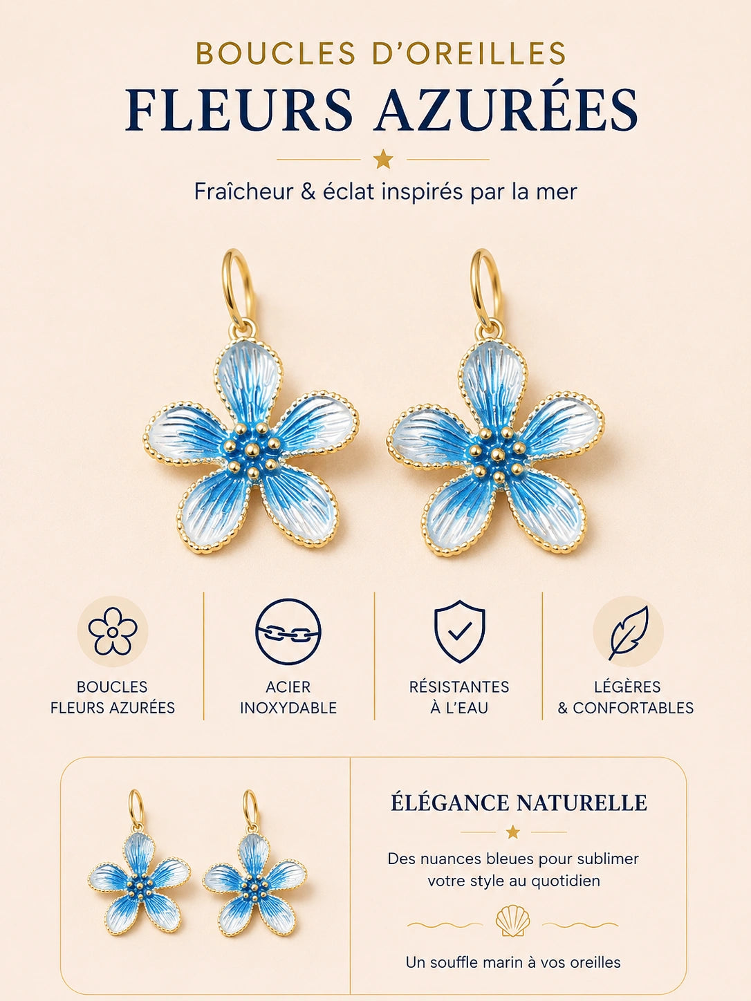 Boucles d’oreilles Fleurs Azurées en acier inoxydable, résistantes à l’eau et délicatement colorées en bleu.