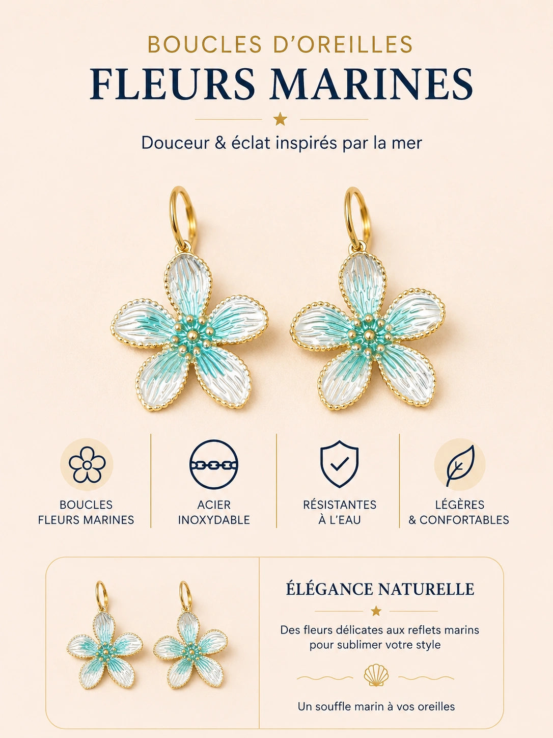 Boucles d’oreilles Fleurs Azurées en acier inoxydable, résistantes à l’eau et délicatement colorées en VERTE