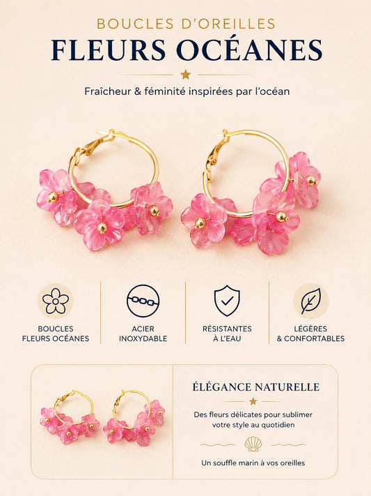 Boucles d’oreilles fleurs roses dorées acier inoxydable femme