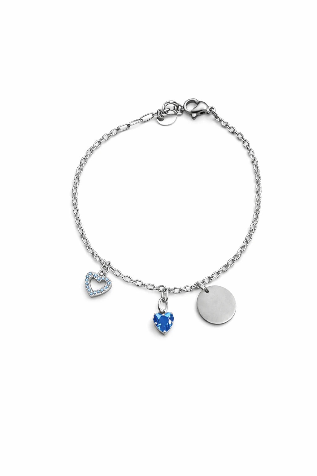 racelet en acier inoxydable avec charms cœur bleu et médaille à graver personnalisable