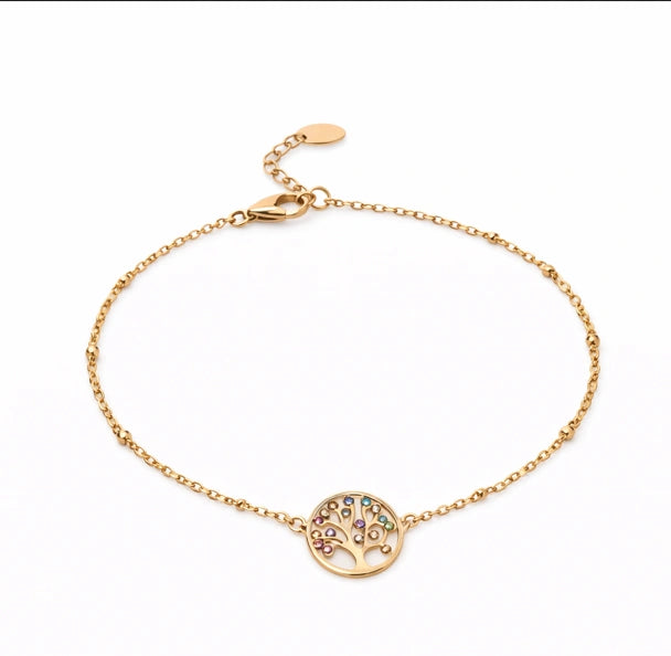Bracelet arbre de vie en acier inoxydable doré avec pendentif circulaire et pierres colorées