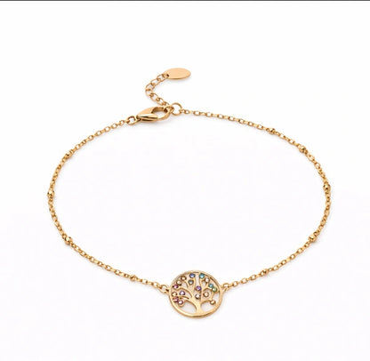 Bracelet arbre de vie en acier inoxydable doré avec pendentif circulaire et pierres colorées