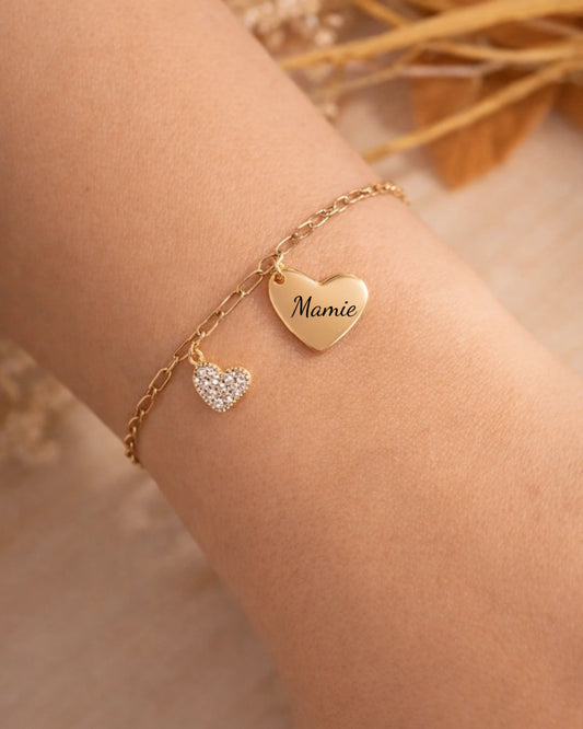 Bracelet doré avec pendentif cœur gravé Mamie et petit cœur zirconium brillant