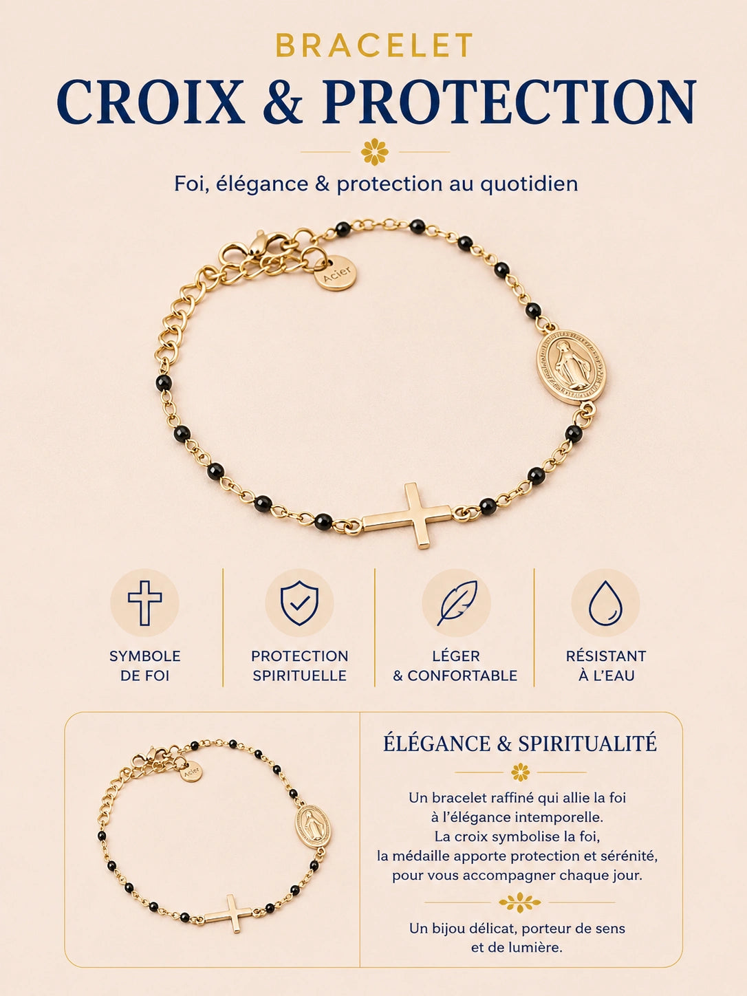 Bracelet Croix & Vierge – Acier inoxydable doré