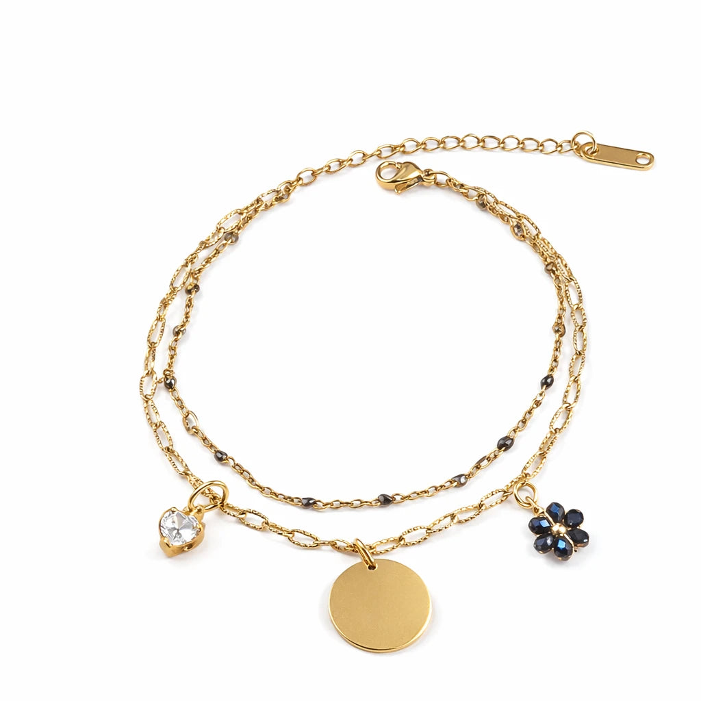 Bracelet double chaîne doré en acier inoxydable avec médaille personnalisable et charms fleur noire et cristal blanc