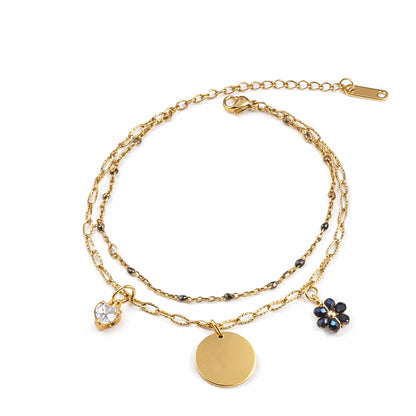 Bracelet double chaîne doré en acier inoxydable avec médaille personnalisable et charms fleur noire et cristal blanc