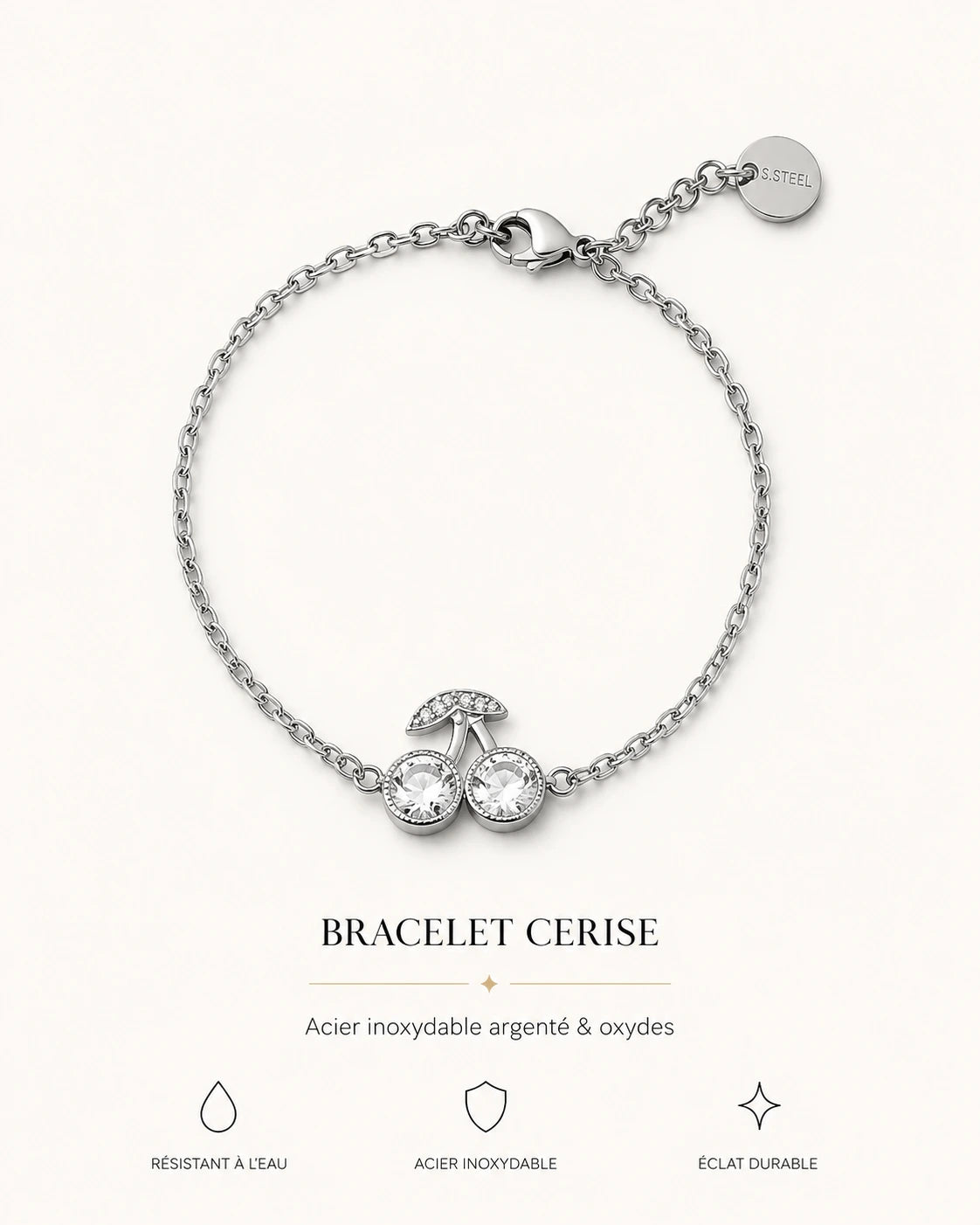 Bracelet Cerise en acier inoxydable argenté avec motif cerises et oxydes scintillants