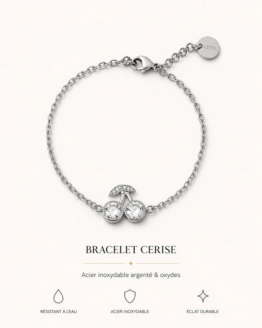 Bracelet Cerise en acier inoxydable argenté avec motif cerises et oxydes scintillants