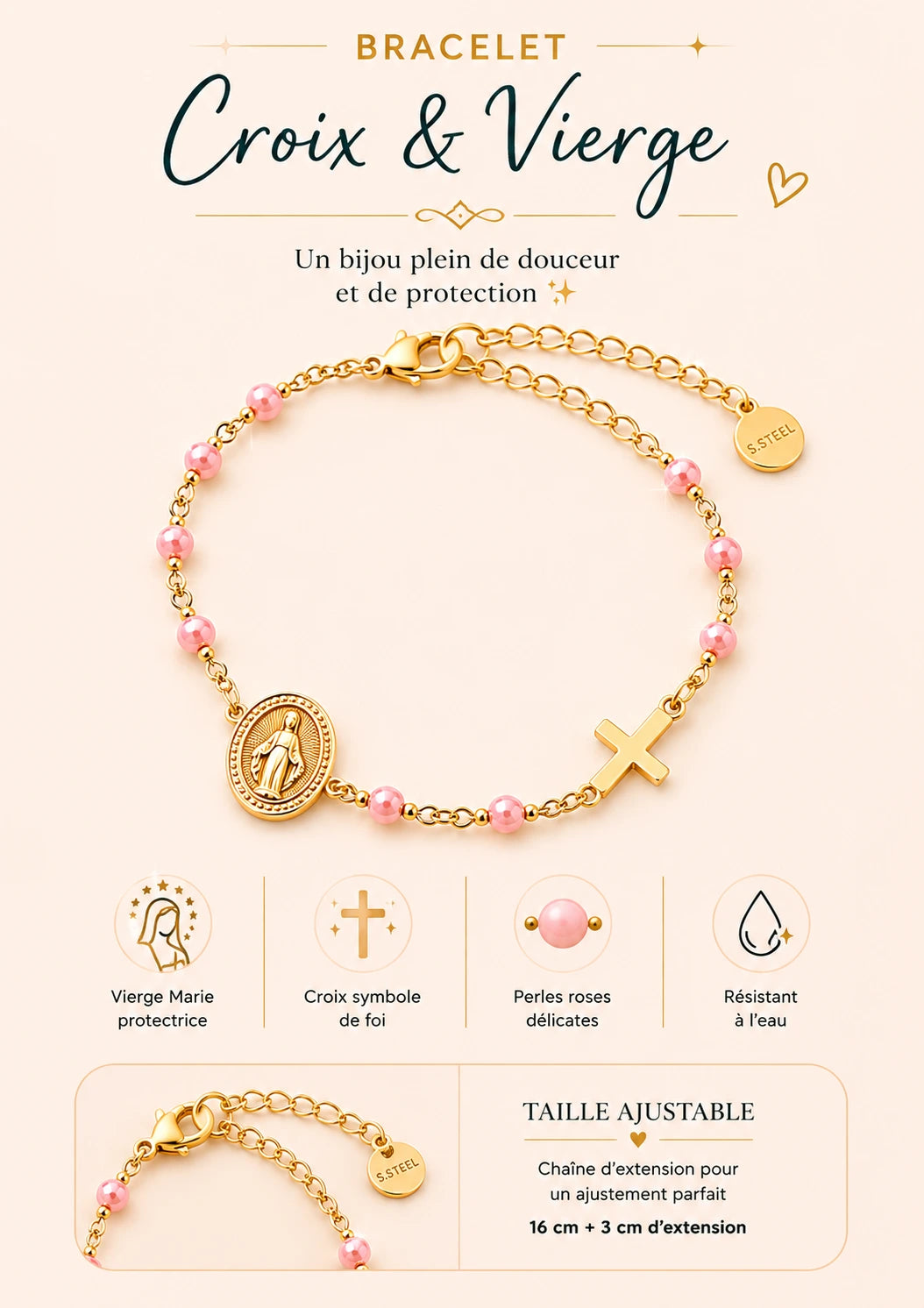 Bracelet Croix & Vierge – Acier inoxydable doré