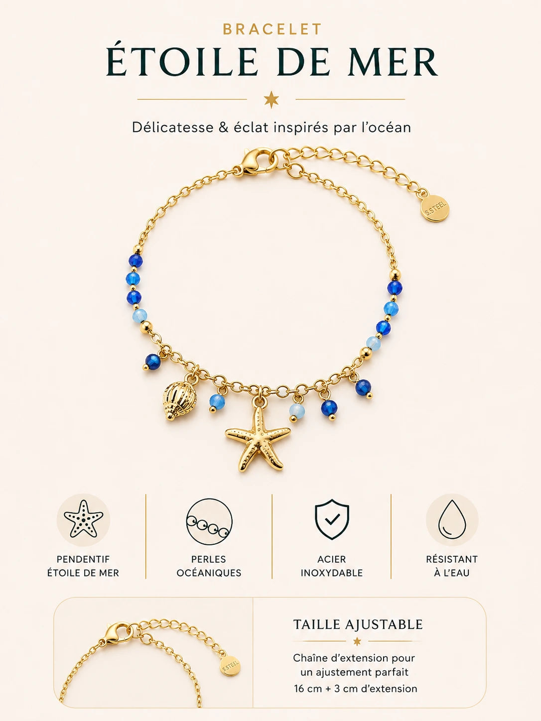 Bracelet Étoile de Mer en acier inoxydable doré avec perles bleues, étoile marine et coquillage