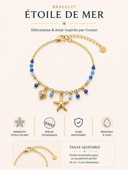Bracelet Étoile de Mer en acier inoxydable doré avec perles bleues, étoile marine et coquillage