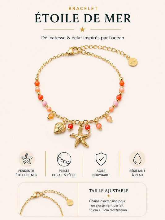 Bracelet Étoile de Mer en acier inoxydable doré avec perles bleues, étoile marine et coquillage
