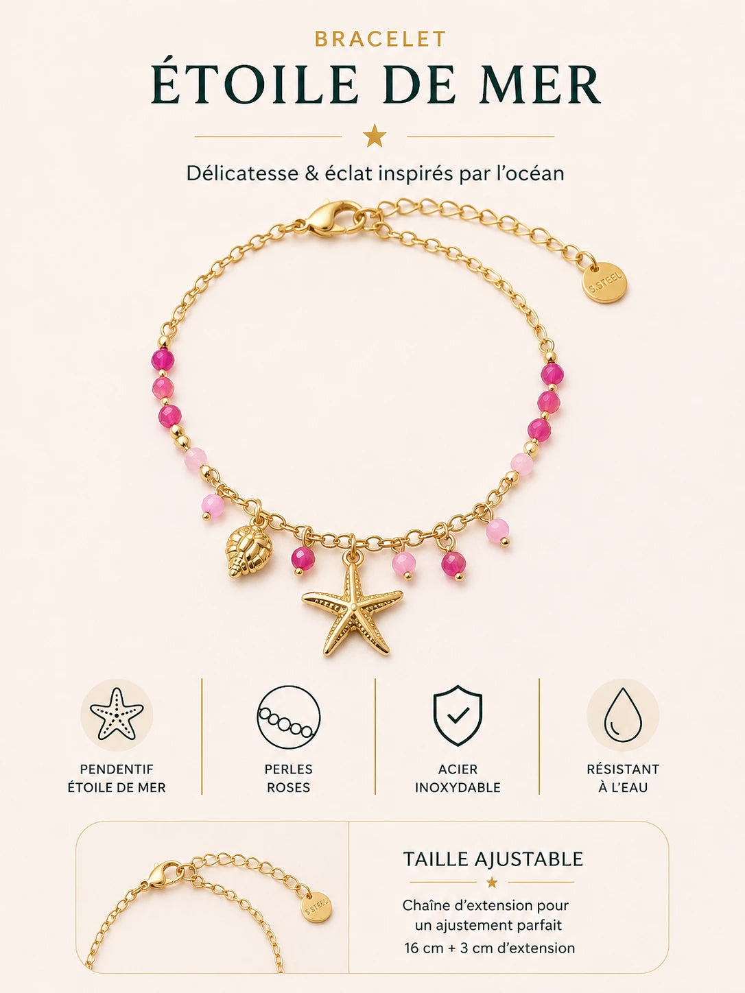 Bracelet Étoile de Mer en acier inoxydable doré avec perles bleues, étoile marine et coquillage