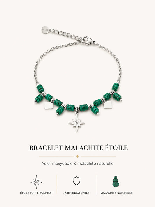 Bracelet Malachite Étoile en acier inoxydable argenté avec malachite naturelle et étoile porte-bonheur