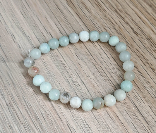 ’amazonite : pierre de douceur et de vérité
L’amazonite bleue est connue pour ses vertus profondément apaisantes, aidant à dissiper les tensions émotionnelles tout en favorisant une communication authentique et bienveillante. Elle est parfaite pour les personnes sensibles, émotives ou ayant besoin de sérénité dans leurs relations.

Ce bracelet est porteur de l’intention suivante :
✨ Douceur – Paix intérieure – Communication

Un bijou énergétique qui vous invite à vous exprimer sans crainte, tout en cultivan