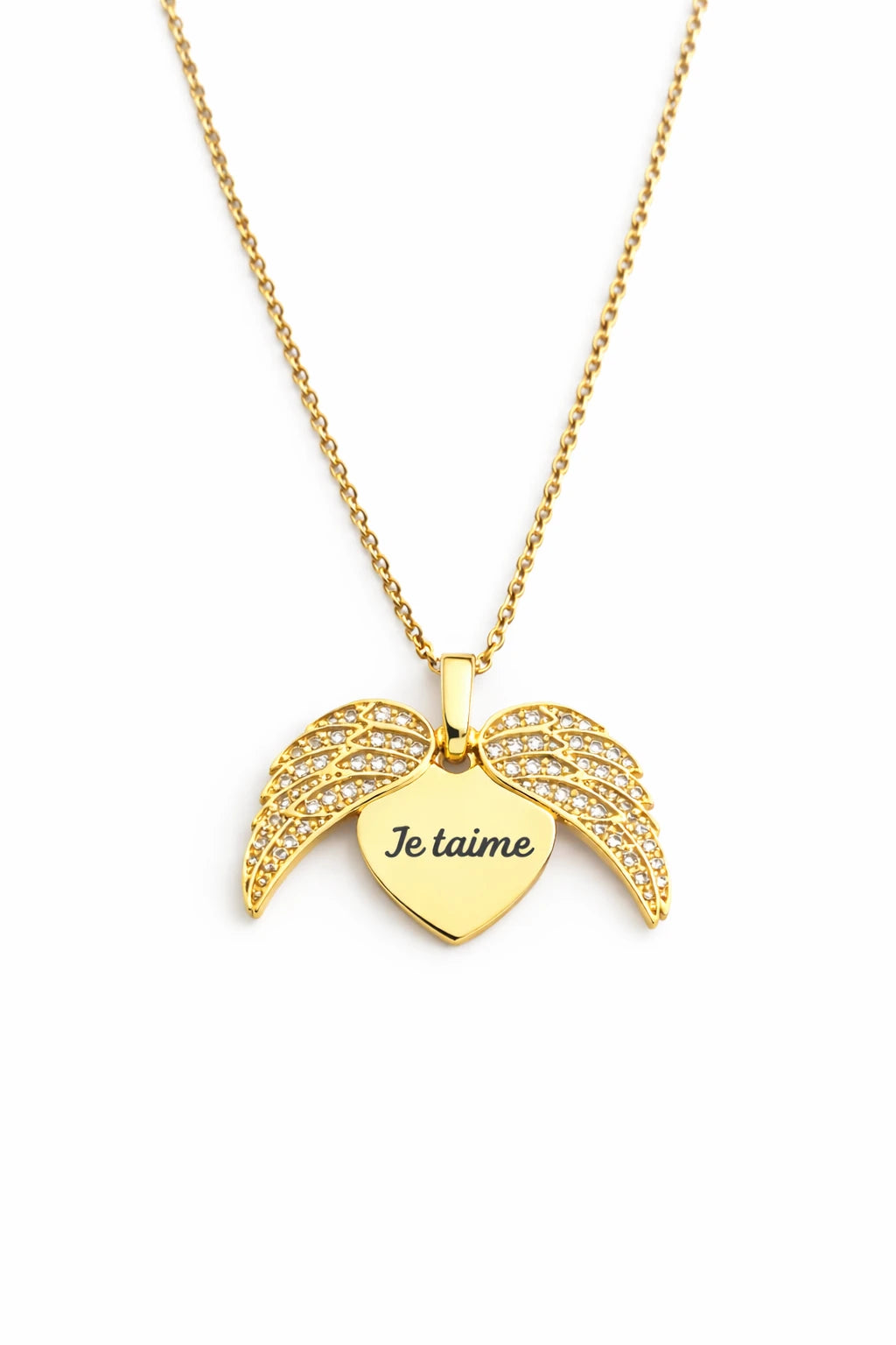 Collier ailes d’ange acier inoxydable doré coeur gravé je t'aime ailes strass
